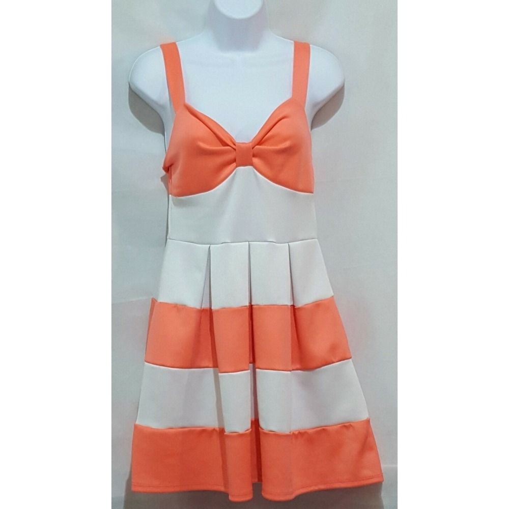 rue21 Dress Womens Medium Orange White Striped Bow Fit & Flare Scuba Summer